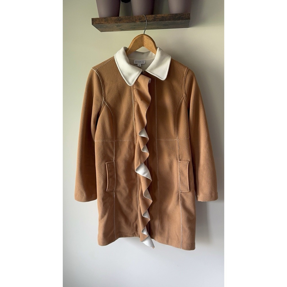 Susan Graver Fleece Ruffle Zip Front Jacket Camel Tan Small Cozy Warm Fall Core